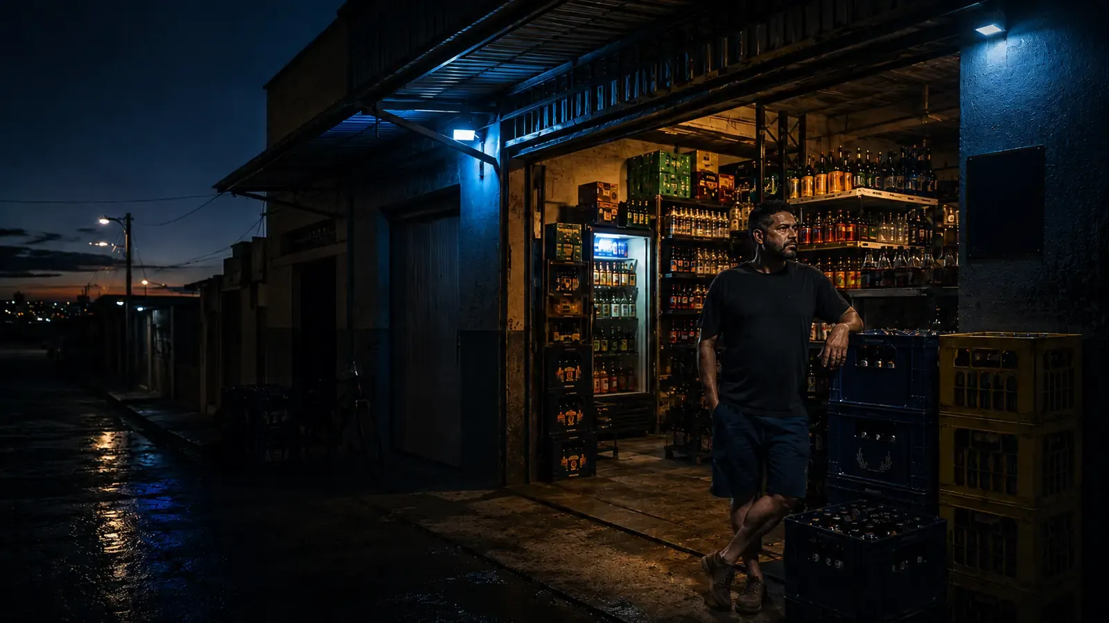 Dono de distribuidora trabalhando na loja durante a noite, no horário de lazer dos clientes