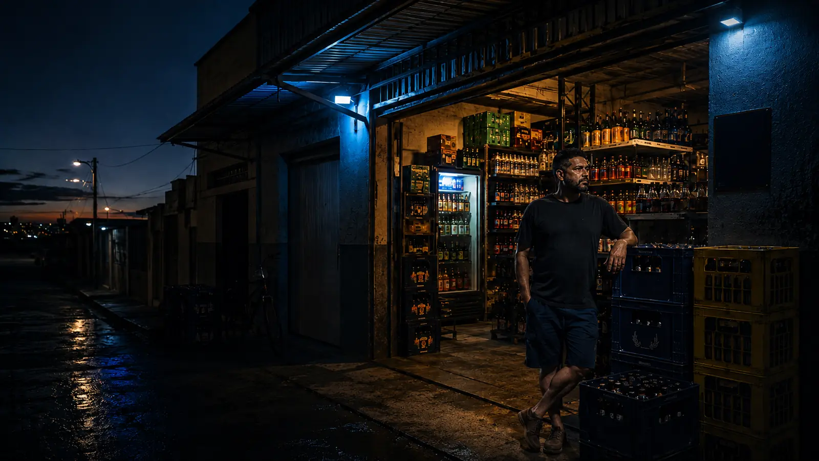 Dono de distribuidora trabalhando na loja durante a noite, no horário de lazer dos clientes